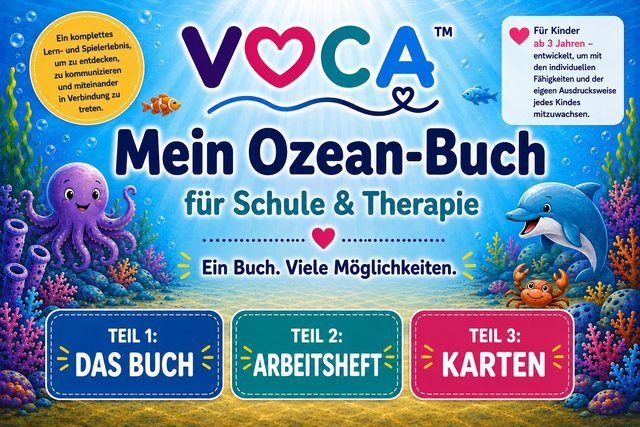 Deckel der VOCA-Box: Mein Ozean-Buch für Schule und Therapie, Teil 1 Das Buch, Teil 2 Arbeitsheft, Teil 3 Karten.