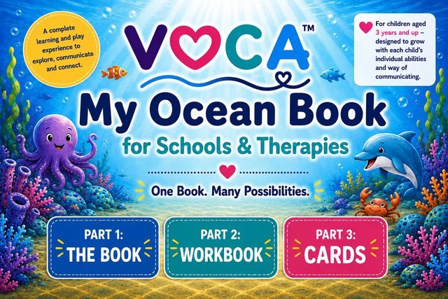 Lid of the VOCA box: My Ocean Book for Schools and Therapies, Part 1 The Book, Part 2 Workbook, Part 3 Cards.