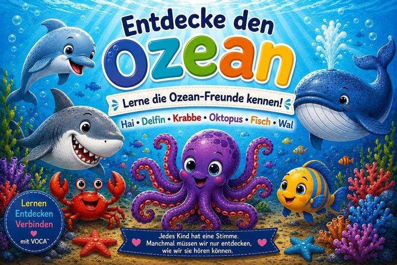 Buchcover Entdecke den Ozean: Hai, Delfin, Krabbe, Oktopus, Fisch und Wal unter Wasser, darunter der Satz Jedes Kind hat eine Stimme.