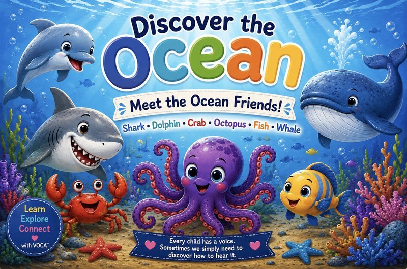 Book cover Discover the Ocean: shark, dolphin, crab, octopus, fish and whale under water, with the line Every child has a voice.