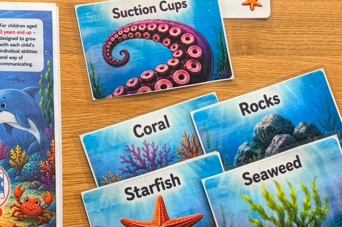 Bildkarten aus dem VOCA-Set: Oktopus, 8 Arms, Suction Cups, Coral, Rocks, Starfish und Seaweed.